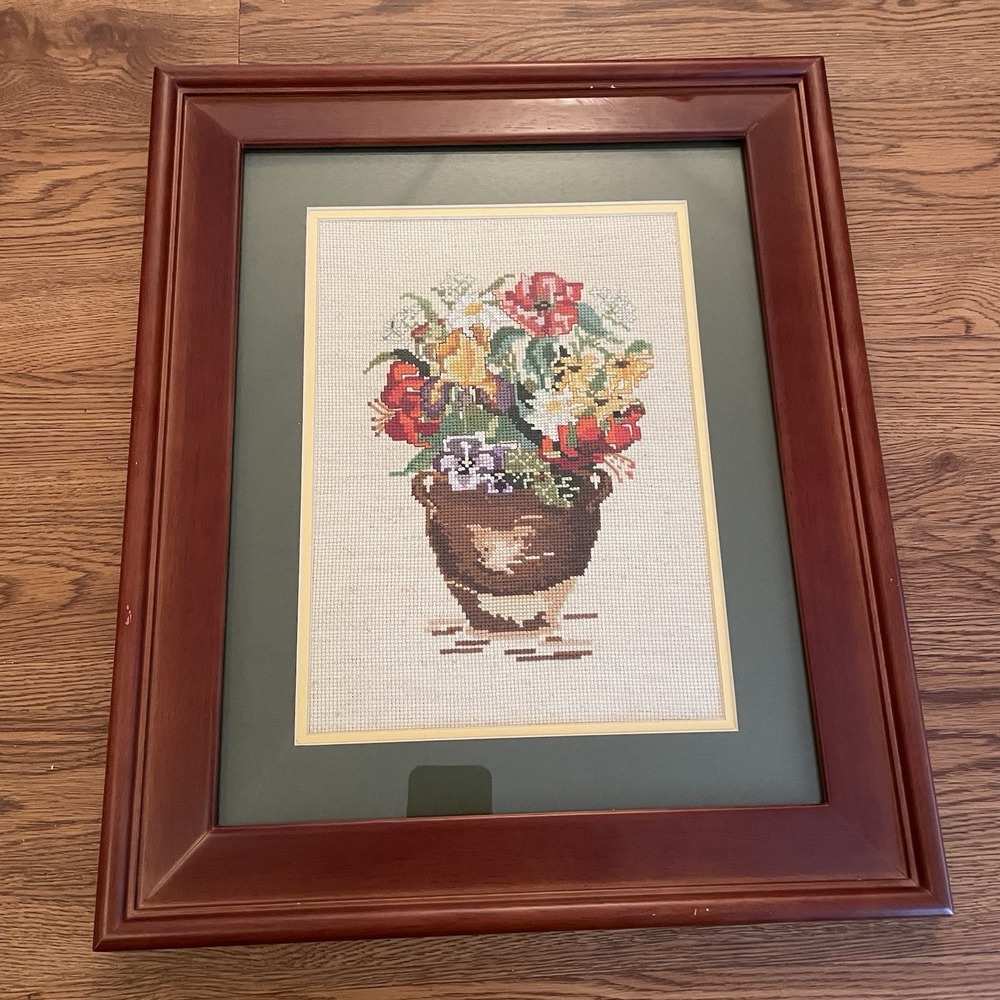 Vintage Framed Floral Needlepoint Wall Art Cottage Core Traditional Decor